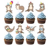 48Pcs Otter Theme Cupcake Toppers for Sea and River Birthday Party Decorations - Cake Topper for Cute Baby Shower Ocean Animal Party Supplies