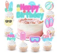 48Pcs Pool Party Cake Topper Set, Neon Beach Cupcake Toppers Beach Cake Decorations, Summer Cupcake Toppers for Pool Birthday, Surf Tropical Party Decorations