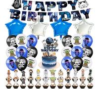 48PCS S-tar Wa Birthday Decorations, Cartoon Yoda Foil Balloons Wars Theme Party Decorations Set with Banner Cupcake Toppers Latex Balloons, Wars Birthday Party Supplies for Kids Boys Girls