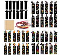 48pcs Scratch Art Bookmarks for Kids, DIY Crafts and Scratch Art Party Bag Fillers for Kids, 4 Themes Animal Dinosaur Unicorn Butterfly, Rainbow Scratch Art for Kids with Wooden Stylus and Ribbons