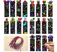 48pcs Scratch Art for Kids,Animal Scratch Art Paper,Party Bag Fillers Magic Rainbow Bookmarks for Children, Party Bag Fillers for Kids with 24Pcs Bamboo Stylus and 48Pcs Ribbons for Party Decoration