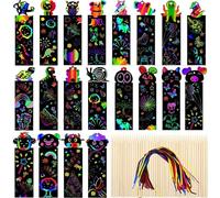 48PCS Scratch Art Magic Rainbow Bookmarks, Animal Craft DIY Scratch Paper Art Tags with Wooden Stylus and Ribbons, Party Bag Fillers for Birthday Halloween Gaming Holiday Gifts, for Boys & Girls