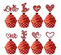 48Pcs Valentine’s Day 1st Birthday Cupcake Toppers Red Glitter One Year Old Love Heart Cupcake Picks for Baby Girl Boy First Birthday Valentine Theme Party Milestone Cake Decorations