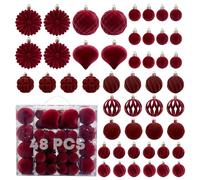 48Pcs Velvet Christmas Baubles Balls Ornaments Set, Flocked Christmas Tree Hanging Decorations, Shatterproof Burgundy Large & Small Bauble for Xmas Party Holiday Decor (Red)