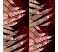 48Pieces Press On Nails Christmas Wine Red Glitters French Design Snowman Theme Durability Artificial Nails For Party Manicure Red Glitters French Tip Fake Nail