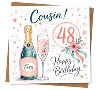 48th Birthday Card, Fabulous Cousin Fizz Bottle & Flute | Playful 48th design with a “Fizz” champagne bottle, floral champagne glass and scattered confetti hearts and stars.