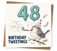 48th Birthday Card for Her, Birthday Tweetings Bird | Mark her 48th with teal balloon “48”, party-hat bird blowing a streamer, confetti and the pun “Birthday Tweetings”.