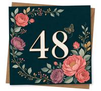 48th Birthday Card for Her, Dark Green Florals, Gold-Edged 48 | Large gold-edged 48 at the centre, framed by pink and purple blooms on a rich dark green background-her 48th.