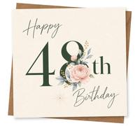 48th Birthday Card for Her, Green 48 & Pink Peony | “Happy 48th Birthday” design with large dark green numerals, soft floral artwork and handwritten-style lettering.