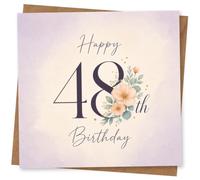 48th Birthday Card for Her, Happy Birthday Florals | “Happy 48th Birthday” in elegant navy script, finished with peach blooms and sage-green foliage beside the number.