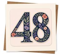 48th Birthday Card for Her, Navy Floral 48 in Pink Tones | Milestone 48th for her: bold navy “48” filled with pink florals and leafy stems on soft blush.