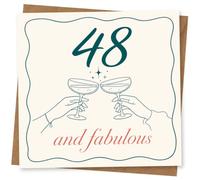 48th Birthday Card for Her, Teal Border, Toasting Glasses | For her 48th: two toasting glasses with “48 and fabulous” script, framed by a modern teal line border.