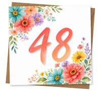 48th Birthday Card for Her, Watercolour Florals & 48 | Large 48 centre number with bright hand-painted flowers in the corners; a pretty pick for her 48th birthday.