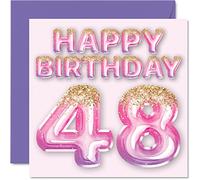 48th Birthday Card for Women - Pink & Purple Glitter Balloons - Happy Birthday Cards for 48 Year Old Woman Mum Cousin Friend Sister Auntie, 145mm Greeting Cards Gift