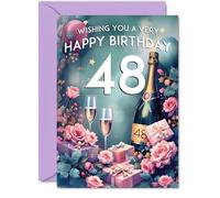 48th Birthday Card, Pink Presents Champagne Bottle
