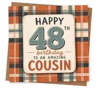 48th Birthday Card, Playful Plaid Background, Bold Lettering | Plaid, country-inspired look with bold lettering and a fun cousin greeting to mark a 48th birthday.