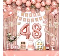 48th Birthday Decorations for Women Girls, Happy 48 Birthday Decorations for Her, Rose Gold Birthday Party Supplies with Banner, Number Balloons, Fringe Curtains, Hanging Swirls