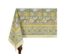 48x102 Inches Rectangle Hand Block Printed Cotton Tablecloth, Yellow Green Floral Table Cloths Washable, Indian Table Linen For Dinning Home Decor Summer Spring Outdoor Thanksgiving Valentine Gifts