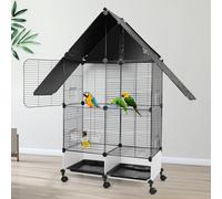 49.6 inches Wrought Iron Bird Cage for Parakeets: Large Parrots Cages with Rolling Stand, 2-Tier Bird Flight Cage with Slide-Out Tray Bowl Standing Rod for Budgie Canary Finch Lovebirds