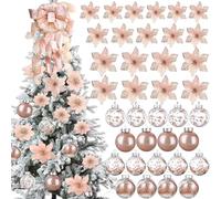 49 Pcs Christmas Tree Decoration Set Include Christmas Tree Topper, 24 Glitter Xmas Flowers 3 Sizes, 24 Pcs 2.36 Inch Xmas Ball Ornaments for Holiday Party Decorations(Rose Gold)