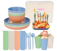 49 Pcs Dinnerware Sets for 4 People, Unbreakable Plates and Bowls Sets with Storage Box, Reusable Dinnerware Sets, Camping School Home Party Cutlery Set, Dishwasher Microwave Safe