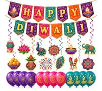 49 Pcs Diwali Decorations for House, Happy Deepavali Banner with Hanging Swirls of Lights Balloons Party