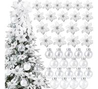 49 Pcs Silver Christmas Tree Decoration Set Include Christmas Tree Topper, 24 Glitter Xmas Flowers 3 Sizes, 24 Pcs 2.36 Inch Xmas Ball Ornaments for Holiday Party Decorations