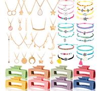 49 Pcs Surfer Wave String Friendship Bracelets Layered Choker Square Hair Clip Accessories for Women, Acrylic,Stainless Steel