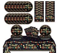 49 Pcs Vintage Retirement Party 7’’ Paper Plates and Napkins Tablecloth Set Happy Retirement Decorations Colorful Retired Tablecover Tableware for Men Women Goodbye Farewell Party Supplies Serves 24