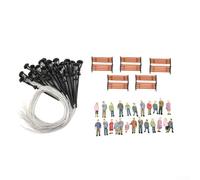49-Piece HO OO Scale Model Train Accessory Kit with Painted People Figures Benches and Lamp Posts for Realistic Layouts