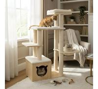 49" Real Wood Cat Tree Tower for Indoor Cats - Modern Multi-Level Cat Condo with Plush Cushions, Basket, Wooden Cave & Scratching Posts, Sturdy White Design