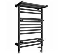 490mm Wide Dual Fuel Gold Black Chrome Heated Towel Rail Radiator Top Shelf & Two Towel Holder OSLO Bathroom & Kitchen Rag Storage Electric Thermostatic Element (With MOA Thermostatic Element, Black)