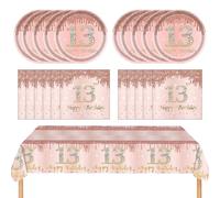 49PCS 13th Birthday Decorations for Girls, Rose Gold Theme Birthday Party Including Happy Birthday Plates Napkins Tablecloth for Official Teenager 24 Guests