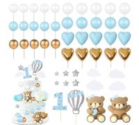 49pcs Cake Topper Set, 1st Birthday Cake Topper, Teddy Bear Cake Decoration for Wedding, Baby Shower and Birthday Party (Blue)