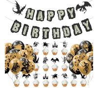 49Pcs Knight Themed Birthday Banner Latex Balloons & Cupcake Toppers Kit Castle Flying Dragon Birthday Party Decorations for Medieval Theme Fairy Tale Fantasy Birthday Baby Shower Party Supplies