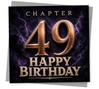 49th Birthday Card for Her, Chapter 49 Purple Lightning | Dramatic CHAPTER 49 cover-style layout with dark purple lightning and bold gold lettering for her 49th birthday.