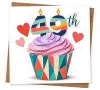 49th Birthday Card for Her, Cupcake & Candle-Style Numbers | Cheerful cupcake illustration with candle-style number 49 and heart accents-fun, bright and made for her 49th.