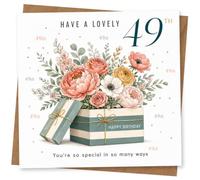 49th Birthday Card for Her, Floral Bouquet Gift Box | Celebrate her 49th with a striped gift box bursting with blooms, plus “Have a Lovely 49th” and “Happy Birthday” text.