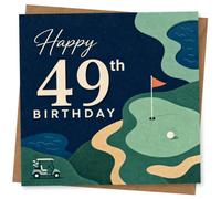 49th Birthday Card for Her, Golf Green, Flag and Cart | Cream “Happy 49th Birthday” text over a scenic golf course with flag on the green, sand bunkers, water and a little cart.
