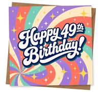 49th Birthday Card for Her, Retro Rainbow Swirl Stars | Big, playful “Happy 49th Birthday” text on a bold retro rainbow swirl with sparkling stars-made for her 49th.