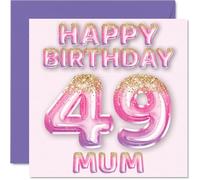 49th Birthday Card for Mum - Pink & Purple Glitter Balloons - Happy Birthday Cards for 49 Year Old Mum Mother from Son Daughter, 145mm Bday Greeting Cards Gift