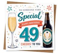 49th Birthday Card for Someone Very Special, Cheers | Celebrate their 49th with champagne flute and beer bottle art, confetti stars and the front message “Cheers! To You”.