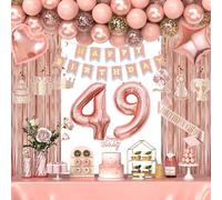 49th Birthday Decorations for Women Girls, Happy 49 Birthday Decorations for Her, Rose Gold Birthday Party Supplies with Banner, Number Balloons, Fringe Curtains, Hanging Swirls