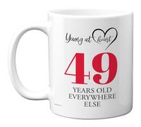 49th Birthday Gifts for Women Men, Cheeky Novelty Mug Young at Heart, Gag Joke Gifts, Perfect Funny Mugs for Forty-Nine Forty-Ninth Birthday Present, 11oz Ceramic Coffee Mugs