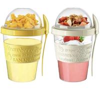 4All 2Pcs Yogurt Pots Reuseable 600ml With Lid & Spoon Overnight Oats container 20oz BPA free Breakfast Pots to Go Cereal On the Go Dishwasher Safe Lunch Oatmeal Jar Set of 2 (Yellow,Cream)