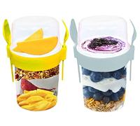 4All 2Pcs Yogurt Pots With Spoon and fork Reusable 650ml Road trip Container BPA Free On The Go Breakfast Museli Cup Breakfast Cereal Containers (Set of 2 (Grey,Yellow)