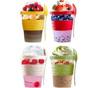 4All 4Pcs Yogurt Pots 20Oz Reuseable 600ml Oats With Lid & Spoon BPA free Breakfast Pots to Go Cereal Container On the Go Dishwasher Safe Lunch Oatmeal Jars (Set of 4 Red, Cream, Green & Yellow)