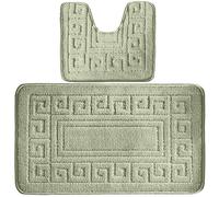 4All Bath Mat Sets 2 Piece Washable 50x80cm - Greek Pattern Toilet Mat and Pedestal Mat Set, Soft and Quick-Dry with Non-Slip Backing, Machine Washable and Moisture-Resistant (Green)