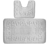 4All Bath Mat Sets 2 Piece Washable 50x80cm - Greek Pattern Toilet Mat and Pedestal Mat Set, Soft and Quick-Dry with Non-Slip Backing, Machine Washable and Moisture-Resistant(Grey/Silver)