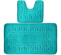 4All Bath Mat Sets 2 Piece Washable 50x80cm - Greek Pattern Toilet Mat and Pedestal Mat Set, Soft and Quick-Dry with Non-Slip Backing, Machine Washable and Moisture-Resistant (Teal)